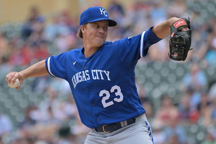 May 29, 2022; Minneapolis, Minnesota, USA; Kansas City Royals starting pitcher Zack Greinke (23) throws a pitch against the Minnesota Twins during the first inning at Target Field. Mandatory Credit: Jeffrey Becker-USA TODAY Sports